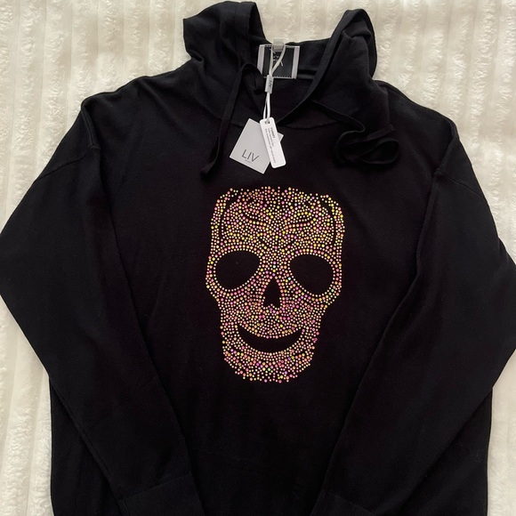 Liv Milano Tops - Black Skull Embellished Hoodie Sweater